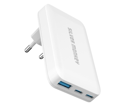 Ładowarka i akumulator SILVER MONKEY Plaska ładowarka GaN 65W 2x USB-C, 1x USB-A